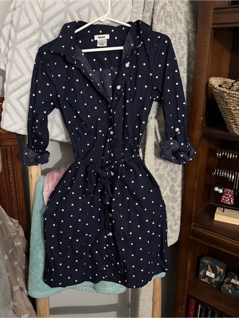 DKNY Navy Polka Dot Mini Shirt Dress